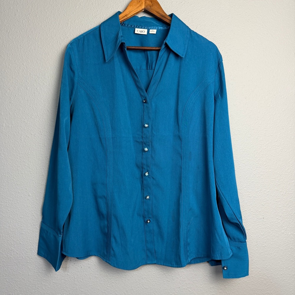 CATO Women's XL Teal‎ Long Sleeve Jeweled Button Up Blouse Polyester Spandex Top